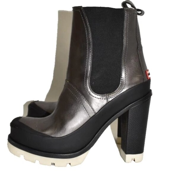 $300 HUNTER ORIGINAL HEEL CHELSEA BOOT LEATHER SILVER BLACK 6.5 UK 8.5 US (TE15) - Picture 5 of 8